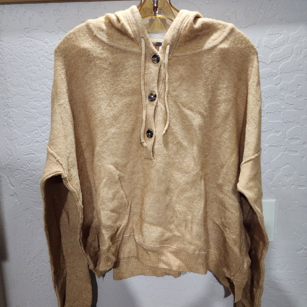Free People Wool Blend Sweater Women's Large Hooded Qt. Button Pullover